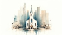Watercolor painting of a little church in a big City, cityscape skyline