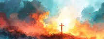 Cross of Jesus Christ on the background of the sunset. Illustration.