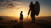 David and Goliath. Giant and child on top of mountain at sunset. Biblical concept