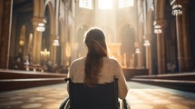 Young woman in wheelchair praying in the church, rear view