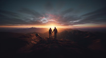 Silhouette of man and woman on top of mountain at sunset