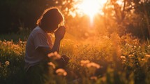 Sunlit prayer. Woman praying in the meadow in the sunbeams of sunset.
