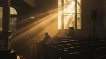 Sunlit prayer. Man praying in the church in the sunbeams shining through the window.