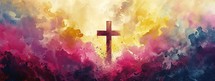 Cross on abstract watercolor background. Christian symbol of faith and hope.