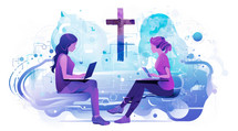 Bible Study. Young women sitting in front of the cross and using laptops. Vector illustration