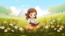 Little girl reading a book in the meadow with flowers. Cartoon style.