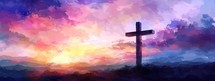 Cross of Jesus Christ at sunset. Easter background. Illustration.