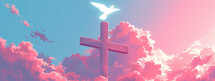 Holy Spirit and Cross of Jesus Christ in the sky with clouds. Illustration