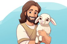 Illustration of a Jesus with a little lamb. Cartoon style.