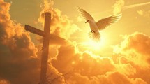 Holy Spirit. Winged Dove flying in front of the cross at sunset. Christian concept