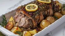 Easter. Roasted Lamb with potatoes and rosemary in baking dish