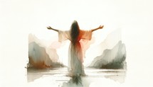 Woman in worship in valley landscape. Watercolor illustration.