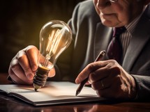 Businessman writing in a notebook with a lightbulb