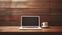 Laptop with blank screen on wooden table and coffee cup on wood background