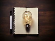 Light bulb with notebook and pen on wooden background. Idea concept.