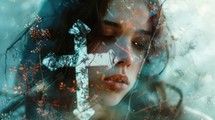 Double exposure portrait of young woman with cross and forest. Christian concept.