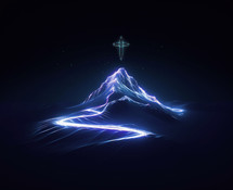 Glowing cross on top of a mountain. Neon lights