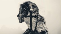 Double exposure portrait of woman and trees and cross. Christian concept.
