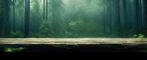 Empty table with foggy forest background. Product display montages