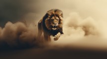Lion running in the desert in clouds of dust