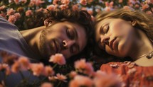 Young couple sleeping on the bed among flowers in the park. The concept of love.