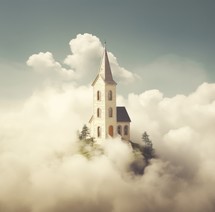 Church on the top of the mountain in clouds. Retro style.