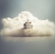 Old church in the clouds. 3d illustration. Vintage style.