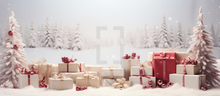 Christmas background with gift boxes and christmas trees in snowy forest.