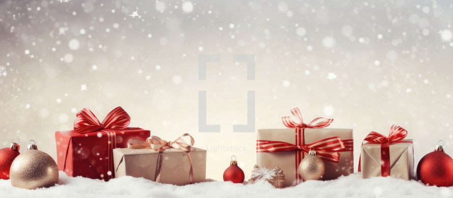 Christmas background with gift boxes and decorations on snow. Copy space.