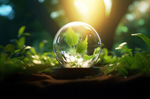Glass sphere with green plant inside on nature background. Ecology concept.