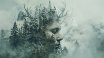  Double exposure portrait of female face with antlers in the foggy forest.