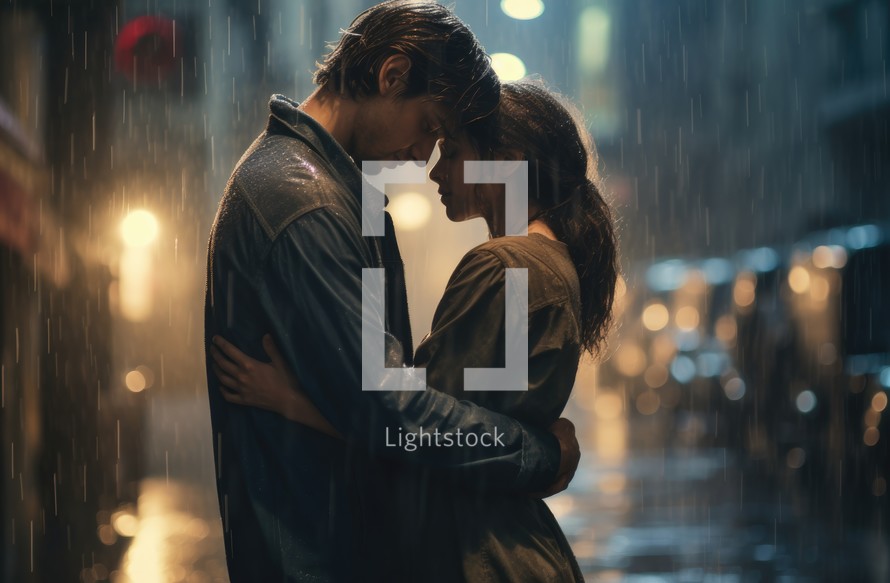 Young couple in love embracing under rain in the city at night