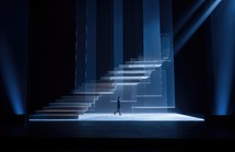 Faith. Conceptual 3D illustration of a man and stairs in a dark room