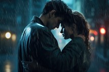 Beautiful young couple in love kissing under the rain in the city
