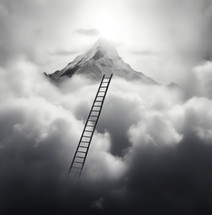 Path to Heaven. Ladder leading to the top of a mountain with clouds in the background