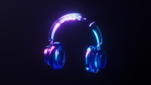 Loop animation of headphone with dark neon light effect, 3d rendering.