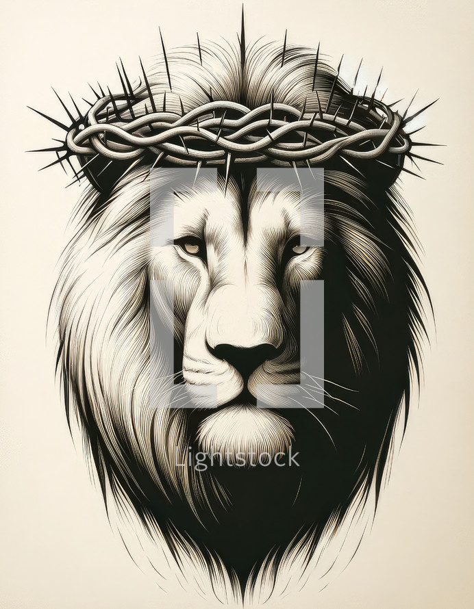 Lion head with crown of thorns. Jesus, the Lion. Illustration on light background.