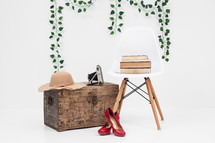 ivy, vines, trunk, sunhat, high heels, red, chair, books, camera, trip, travel, vacation 