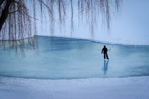 kids playing hockey on a frozen pond 