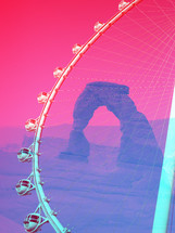 Pop Art Double Exposure Juxtaposition Photograph of Delicate Arch and High Roller Ferris Wheel