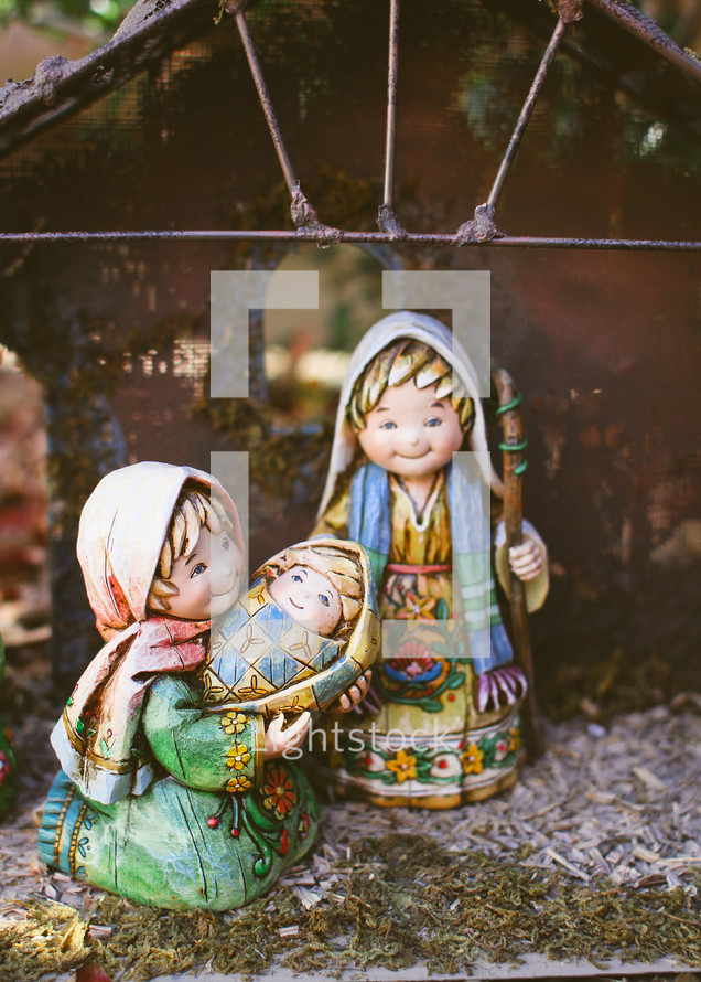 Mary, Joseph, and baby Jesus figurines for a Nativity scene 