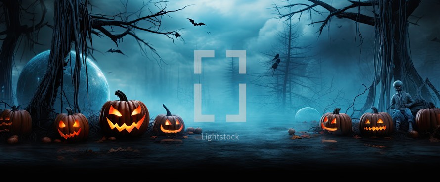 Halloween background with pumpkins, spiders, bats and spooky trees
