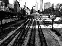 railroad tracks in a city