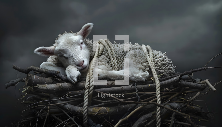 A lamb tied up on an altar