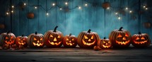 Halloween pumpkins with scary faces on wooden background. 3D rendering