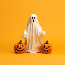 Halloween ghost with pumpkins on orange background. 3d illustration
