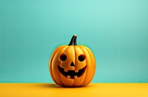 Halloween pumpkin on yellow and blue background. 3D illustration.