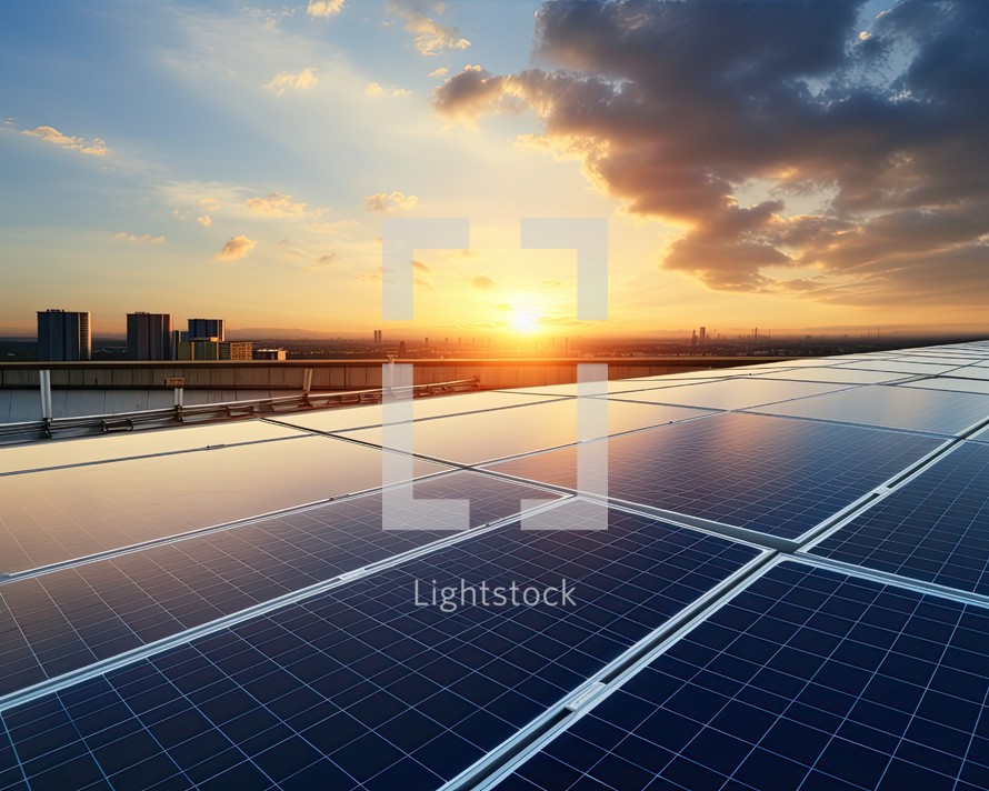 solar energy panels on the roof of a modern building at sunset