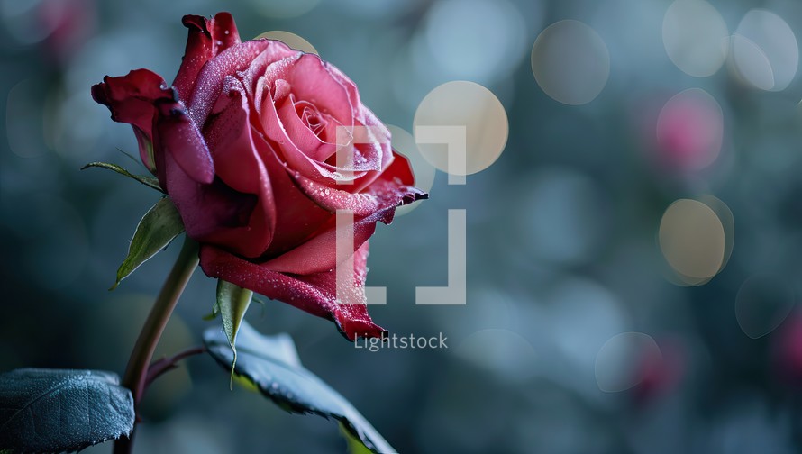 red rose with dew drops on a bokeh background