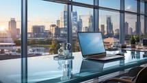 Laptop on table in modern office with city view.